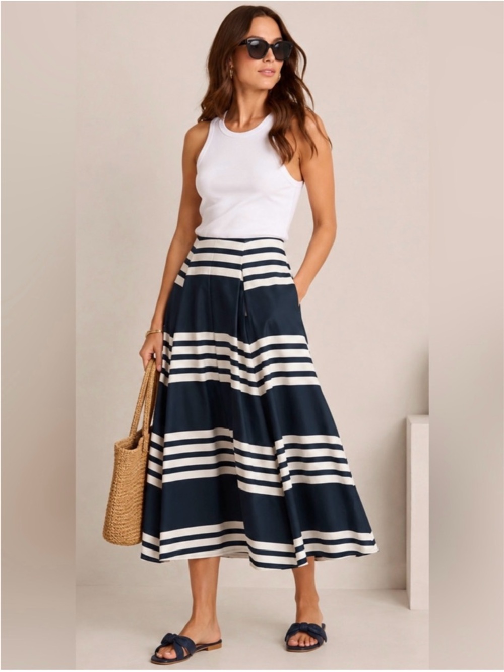 NWT J. Crew Side-pleat Midi Skirt Sailor-stripe Cotton Poplin